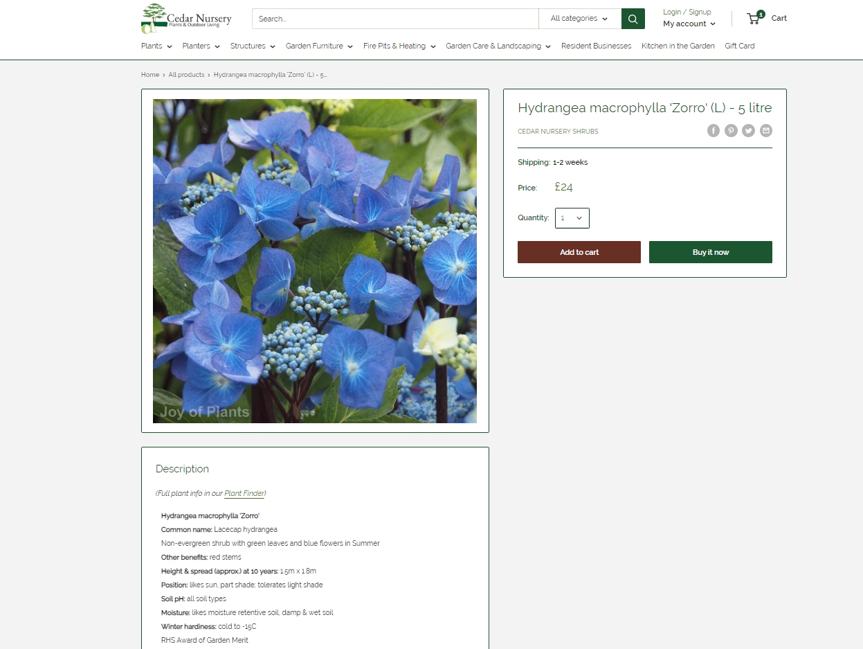 Cedar Nursery webshop page